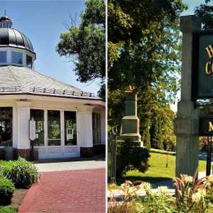 split image. on left is a circular building, on right is a sign for the historic congress park museum